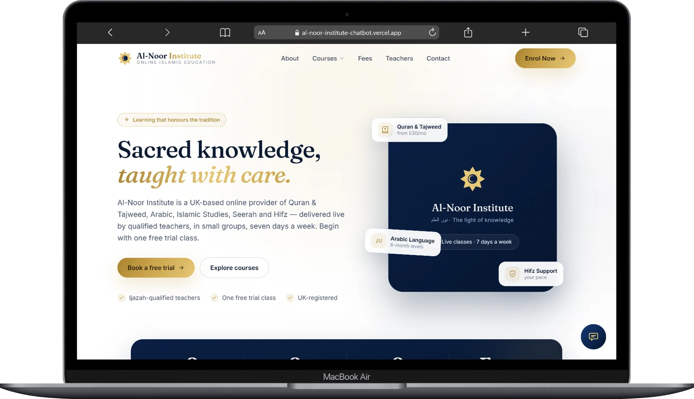 Al Noor Institute chatbot application screenshot
