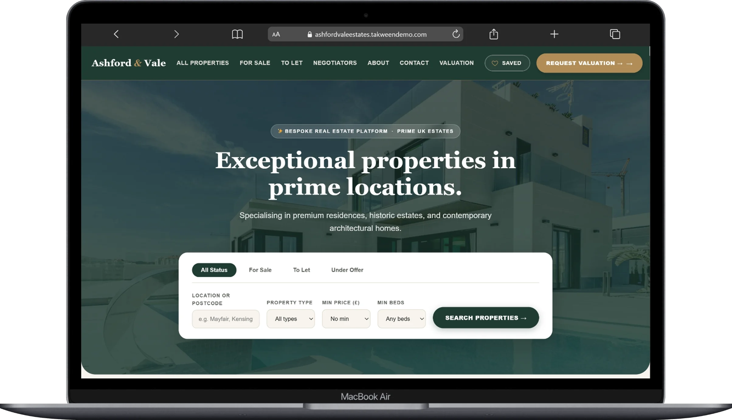 Ashford and Vale Estates WordPress real estate platform screenshot