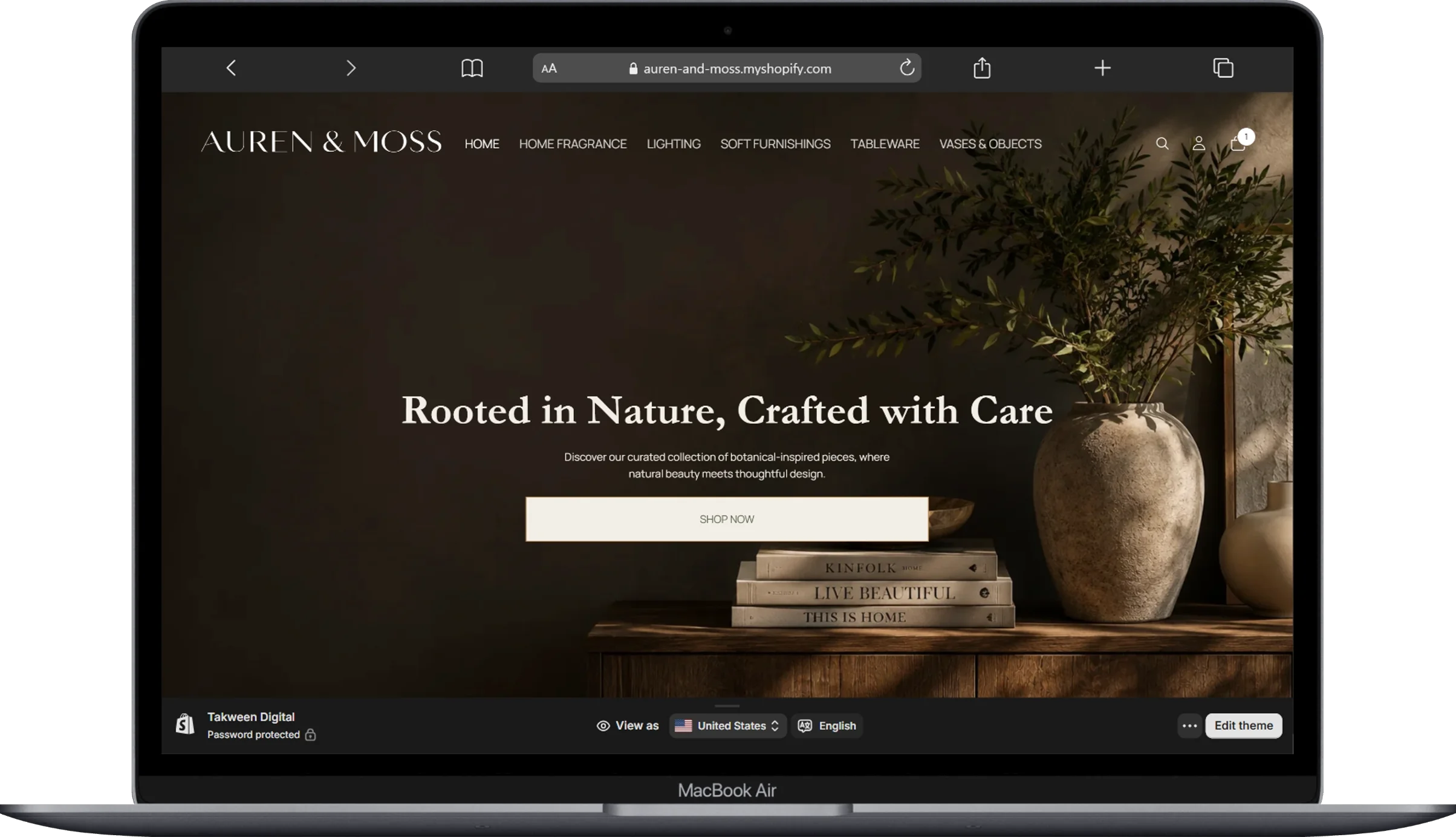 Auren and Moss luxury home decor Shopify store screenshot