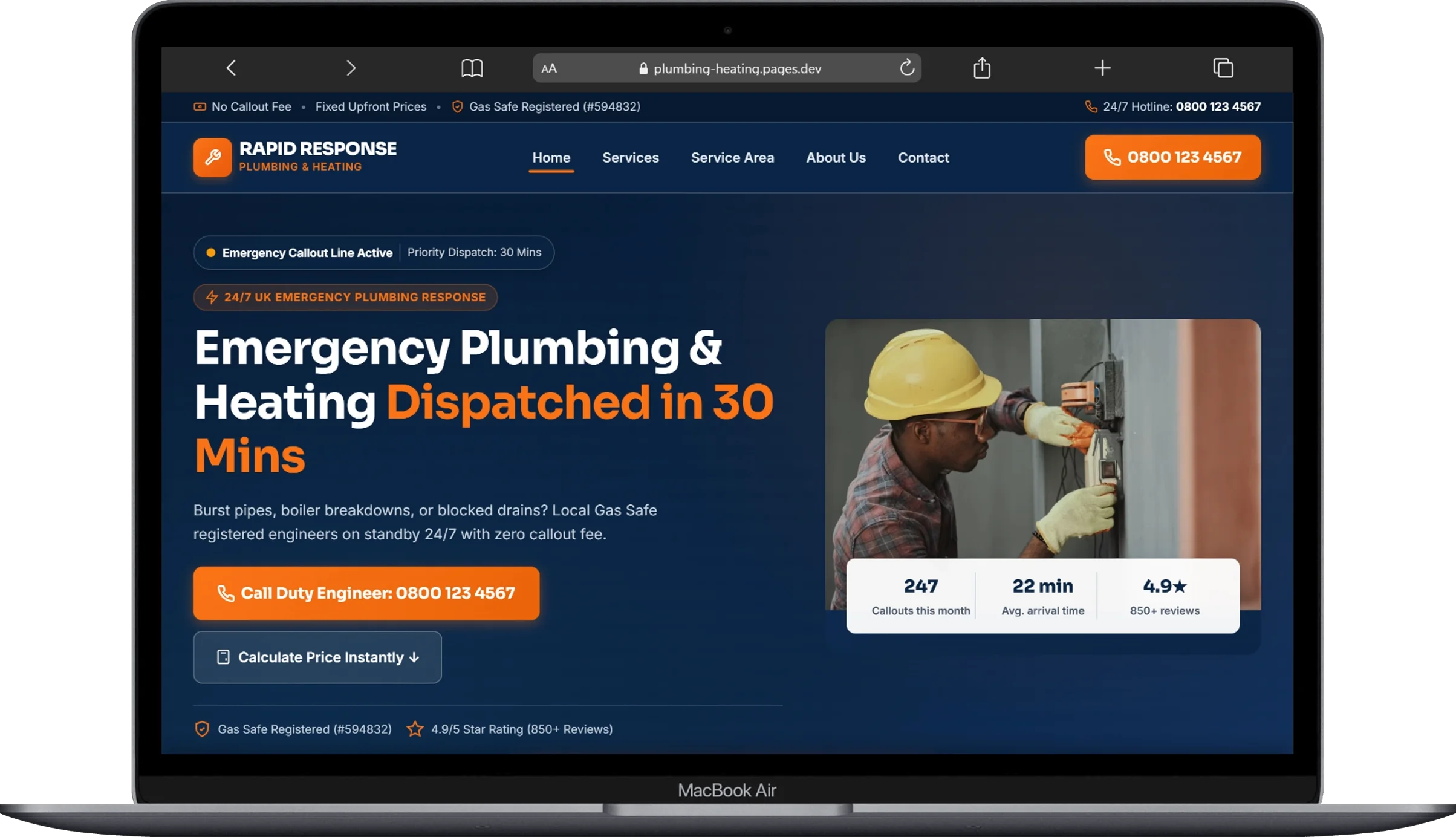 Rapid Response Plumbing and Heating website screenshot