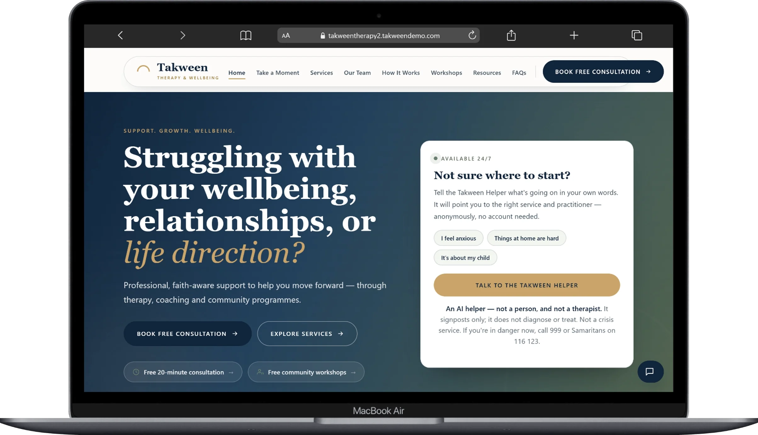 Takween Therapy and Wellbeing WordPress platform screenshot